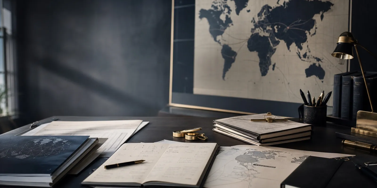 Strategic planning workspace with maps and documents.