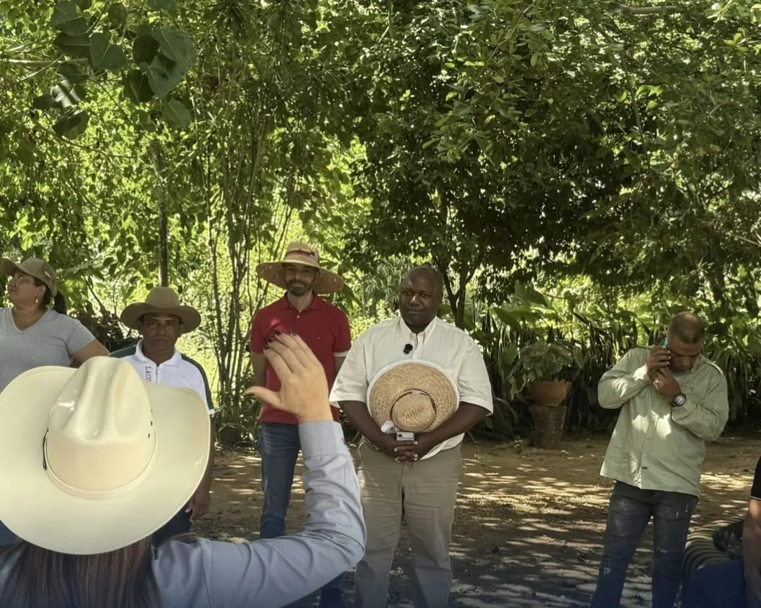 Visitors listen to a speaker beneath the trees at a farm.